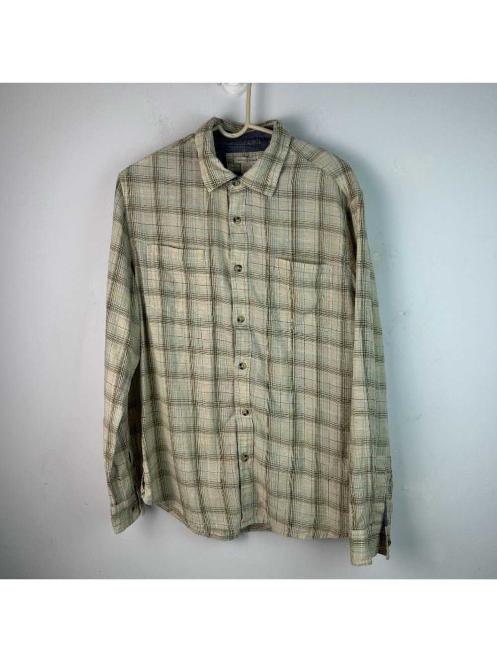 Carbon 2 Cobalt Mens Beige Plaid Cotton Button Shirt Size Medium